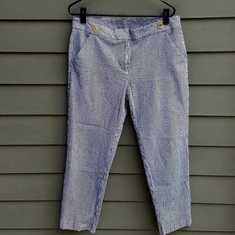 Anne Klein Navy and White Striped Cropped Pants